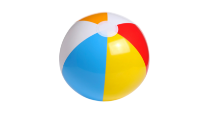 A colorful inflatable beach ball with red, blue, yellow, orange, and white segments isolated on solid white background