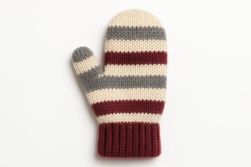 Knitted woolen mitten with stripes on a plain white backdrop