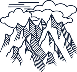 Fototapeta premium Majestic mountain range outline with dramatic clouds hand drawn sketch style, peaks and ridges landscape illustration