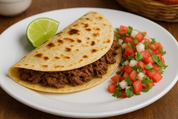 Classic Mexican-style quesadilla filled with meat served on a white plate