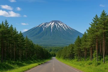 Fototapeta premium Summer landscape of a pine-covered mountain in the Tohoku region