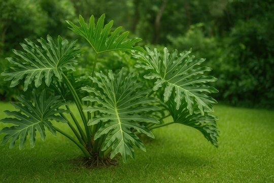 Garden display featuring a large philodendron tree