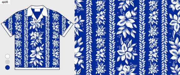 Hand drawn hibiscus and tropical leaves stripes, Hawaiian beach art vector for summer. Suitable for fabric printing, clothing model design. Not created with AI.