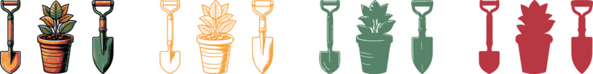 Collection of gardening tools and potted plants in different colors isolated on white background