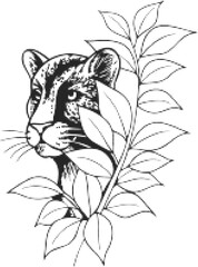 Obraz premium Leopard head in detailed black dotwork with leaves and foliage, minimalist nature design
