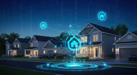 Smart Home Technology Digital Interface in Residential Neighborhood at Night