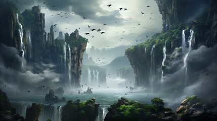Birds soar above cascading waterfal