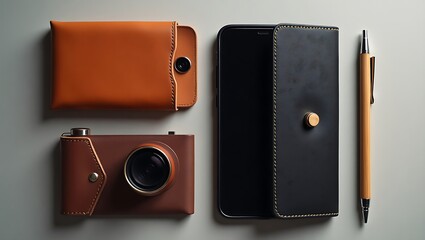 A collection of leather accessories including a phone case, camera, and pen
