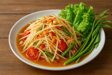 Refreshing green papaya salad served on a rustic wooden surface