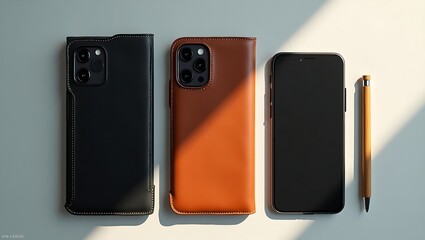 Three leather phone cases and a pen arranged neatly on a surface