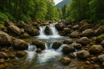 Fototapeta premium Flowing water over rocks in a stream
