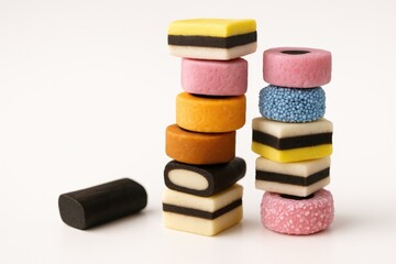 A variety of licorice candies arranged in multiple shapes, hues, and dimensions