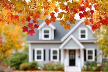 A gray residential house blurred in the background, vibrant autumn leaves frame the top of the image.