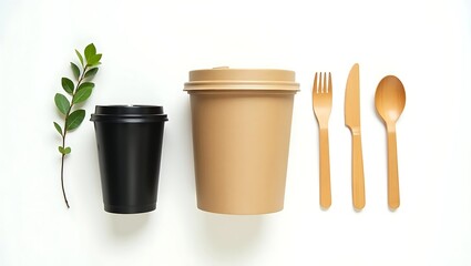 Ecofriendly disposable coffee cups and wooden cutlery with green leaves