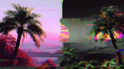 Palm Tree Glitch Art Aesthetic Sunset Landscape