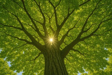 Obraz premium Bottom-up perspective of a lush tree with dense branches and dappled sunlight filtering through the foliage in summer