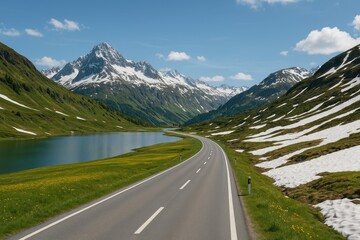 Naklejka premium Scenic spring scene along a mountain pass with rugged peaks