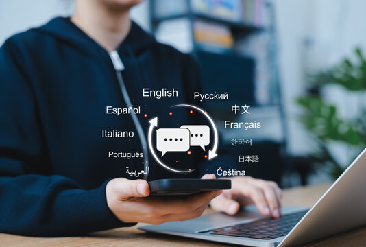Multilingual language translation technology concept. Woman using smartphone with icons languages, global language translate, multilingual communication, and international connections. AI translator,