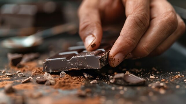 Dark chocolate being broken by a hand, pieces and cocoa powder are scattered around, creating a rich and indulgent scene.
