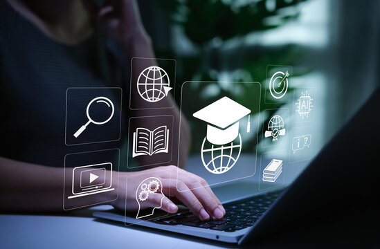 Online Education and E-Learning Technology Concept. Person using laptop for online education with learning tools icons, graduation cap, AI, books, global connectivity, study platform, learn virtual,