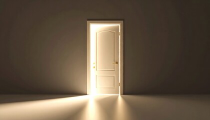 Bright golden light streams from a partially open white door illuminating the dark interior space and floor