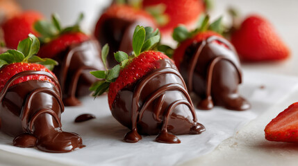 Chocolate covered strawberry with melted chocolate drizzle on white surface, delicious and fresh dessert treat