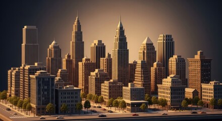 Fototapeta premium Modern City Skyline with Tall Skyscrapers in Warm Sunset Light