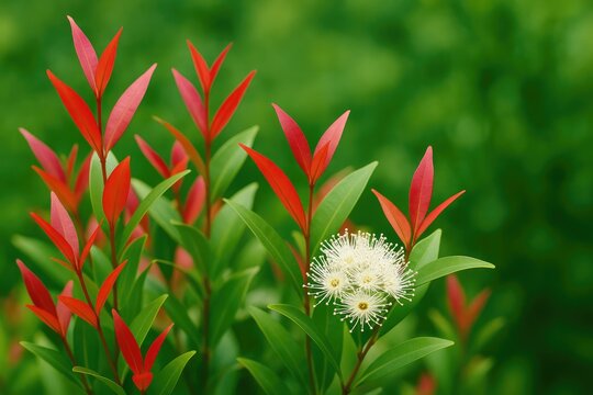 Red-tipped leaves of the Syzygium australe shrub against a lush green backdrop