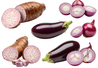 Isolated Fresh Eggplant Onion Taro Vegetable Still Life Transparent