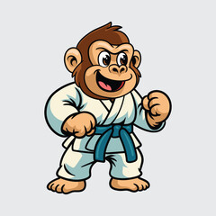 Cartoon gorilla wearing a blue belt karate uniform, confidently posing in a ready-to-fight martial arts stance