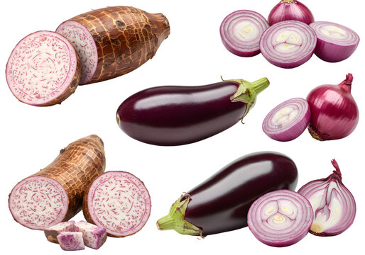 Isolated Fresh Eggplant Onion Taro Vegetable Still Life Transparent
