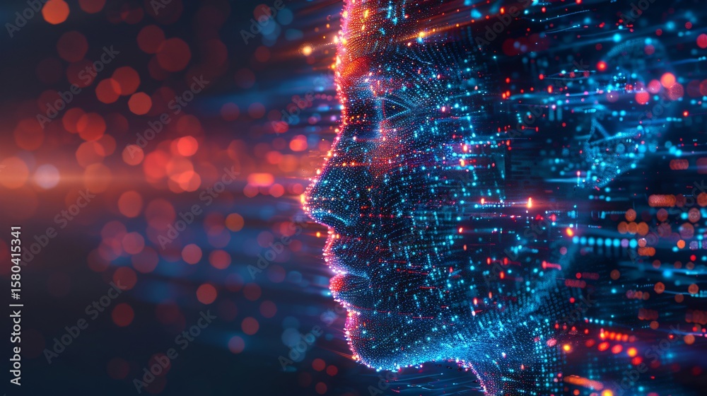 Fototapete digital abstract human visage symbolizing big data and cybersecurity, featuring copyspace for text