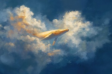 A golden whale floats amidst luminous clouds