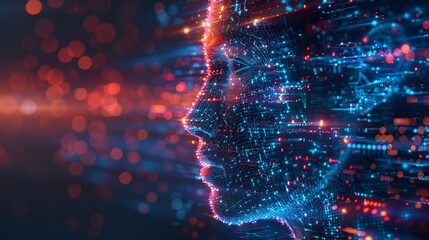 Digital abstract human visage symbolizing big data and cybersecurity, featuring copyspace for text