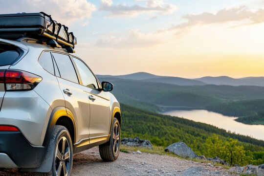 Silver car with roof rack parked overlooking a scenic mountain lake at sunset, enjoying breathtaking view from a hilltop vantage point.