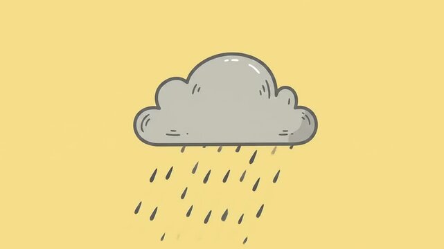 Cartoon-style gray cloud with rain falling against a bright yellow background, ideal for weather themes