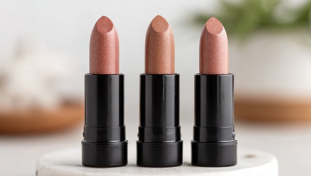 Three nude-toned lipsticks in black tubes