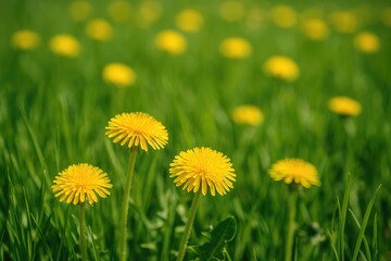Springtime dandelions blooming amidst lush grass