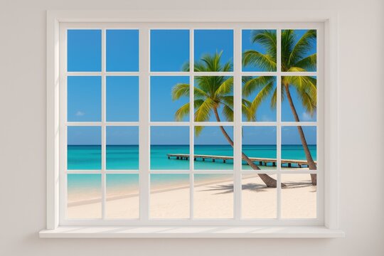 Fototapeta View of a tropical shoreline seen from inside a building
