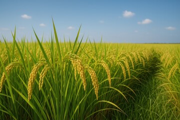 Mature rice crops nearing harvest as their color shifts to yellow