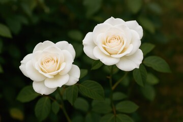 A pair of white rose plants with lush green foliage