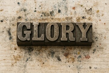 Vintage metal letterpress spelling out GLORY on a weathered wooden surface with ink and paint splatters