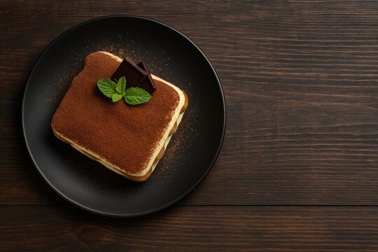 Delicious Tiramisu displayed on rustic wooden surface from a top-down perspective with area for customization
