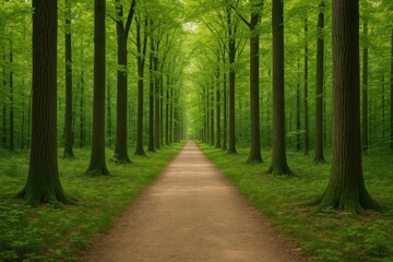 Obraz premium Pathway through the woodland with towering trees