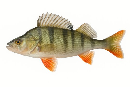 A solitary European perch displayed against a white background