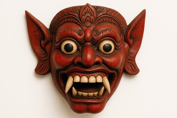 A frightening red traditional mask with fangs representing a demon or evil spirit isolated on a white background