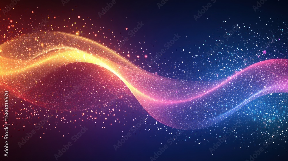 Poster abstract design with flowing waves and sparkling particles.