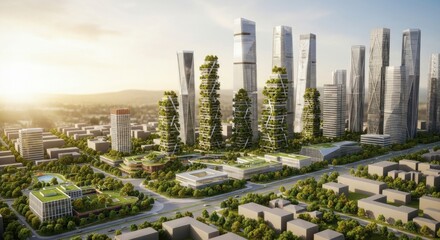 Obraz premium Futuristic Urban Skyscrapers with Greenery in a Modern Cityscape