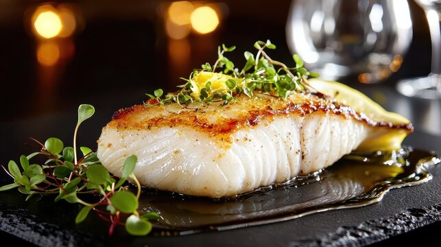 Gourmet seabass fillet with beautifully scored skin topped with vibrant microgreens and lemon zest on dark slate surface