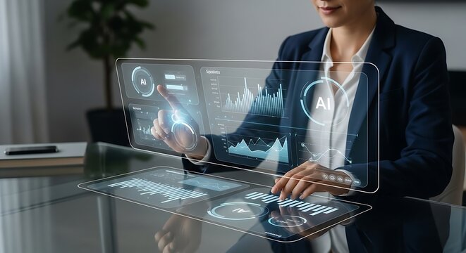 A businesswoman in a suit interacts with a futuristic holographic display showing data visualizations, charts, and an AI icon, indicating technology and business analysis.